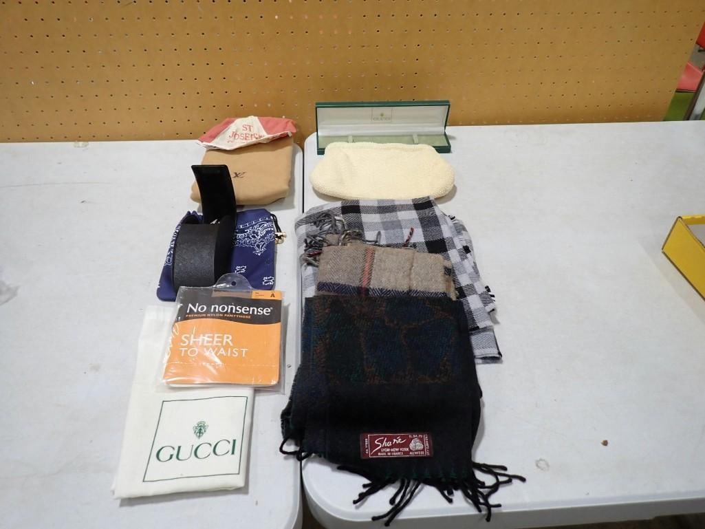 Misc. lot including Gucci Case, Bag, Share Lyon Scarf, Louis Vuitton, etc.: Misc. lot including Gucci Case, Bag, Share Lyon Scarf, Louis Vuitton, etc. All pictures are considered part of the description and should be examined carefully by bidders. Live Auctioneers is now offe