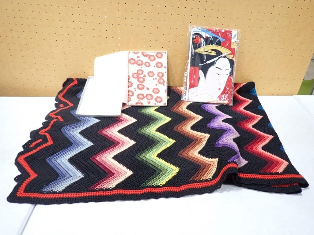 Hand Knit Crochet Zigzag Afghan Blanket, and Japanese Tenugu cotton Binjinga hand towel, etc (1 of 7)