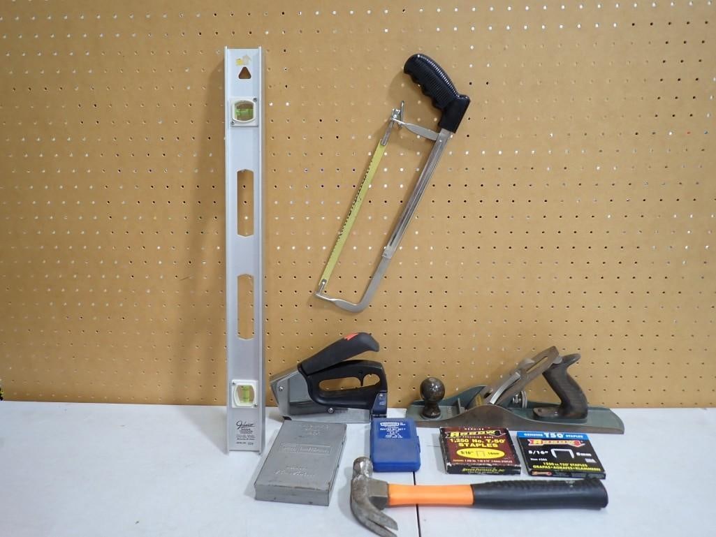 Tools and Hardware incl Craftsman Planer, Level, Saw, Hammer, Staples, Craftsman Router Bit (1 of 12)