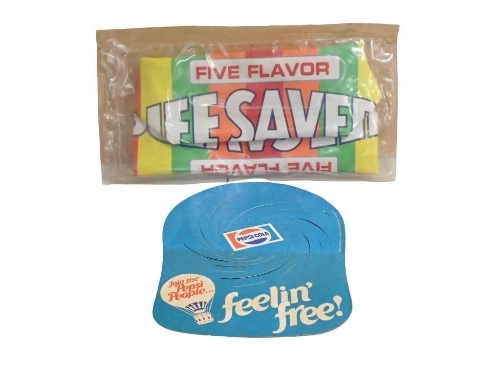 Vtg 1980s Life-Savers Promotional Duffle Bag in Original Package and Pepsi 1980s: Vtg 1984 Life-Savers Five-Flavor Promotional Duffle Bag in Original Package and Vintage Pepsi 1980s accordion-style decoration. It features the classic Pepsi-Cola logo, the "feelin'