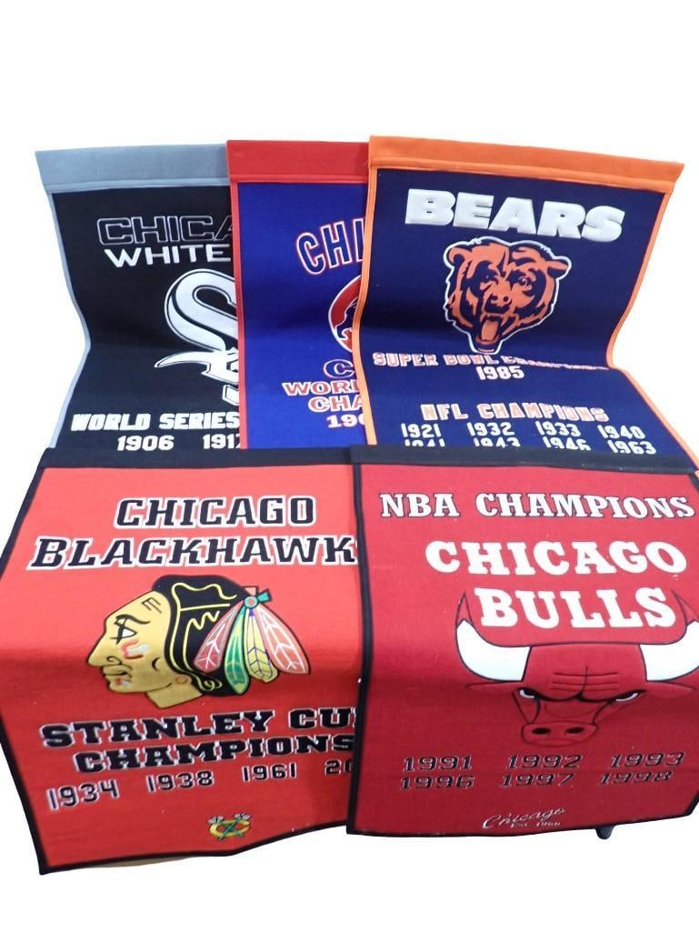 5 Chicago Sports Banners incl White Sox World Series, Chicago Bulls NBA Champions, Chicago Blackhawk (1 of 9)