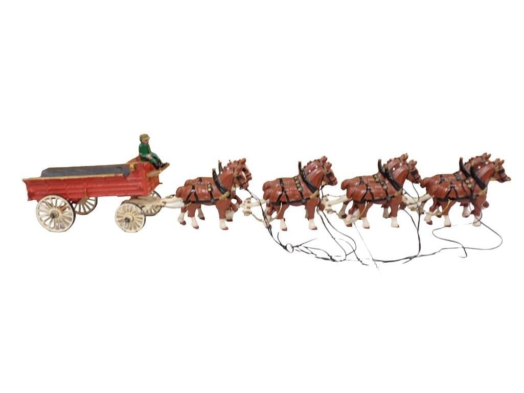 Cast Iron Toy Wagon with Man and 8 Horses: Cast Iron Toy Wagon with Man and 8 Horses All pictures are considered part of the description and should be examined carefully by bidders. Live Auctioneers is now offering Live Shipping through them. 