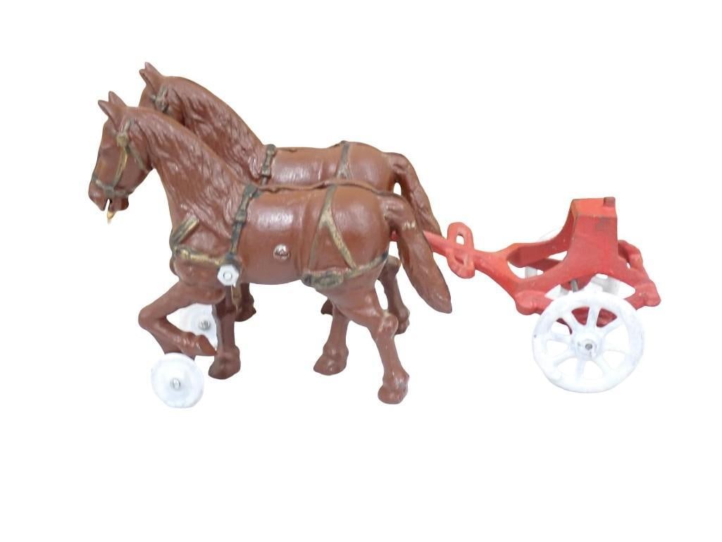 Cast Iron Toy Two Horse Team Pulling a Red 2 Wheeled Cart (1 of 4)