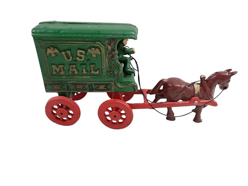 Cast Iron Toy U.S. Mail Horse and Buggy Toy Carriage Green with Red Wheels (1 of 8)