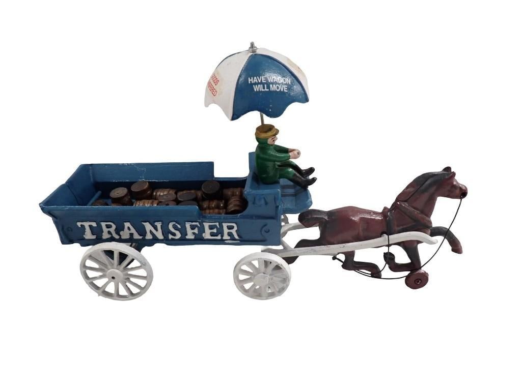 Cast Iron Toy Transfer Wagon with Horse, Driver, an Umbrella, some Barrels (1 of 8)
