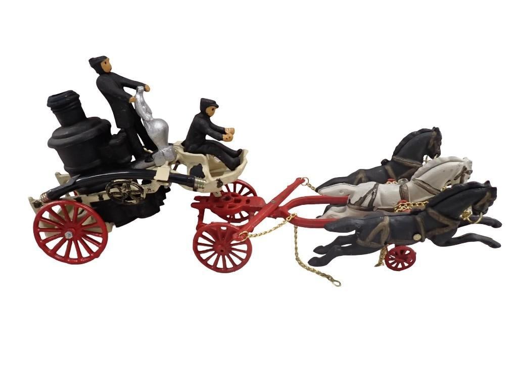 Cast Iron Toy Horse Drawn Fire Pumper Featuring a Three Horse Team Pulling a Steam Engine, a Boiler, (1 of 11)