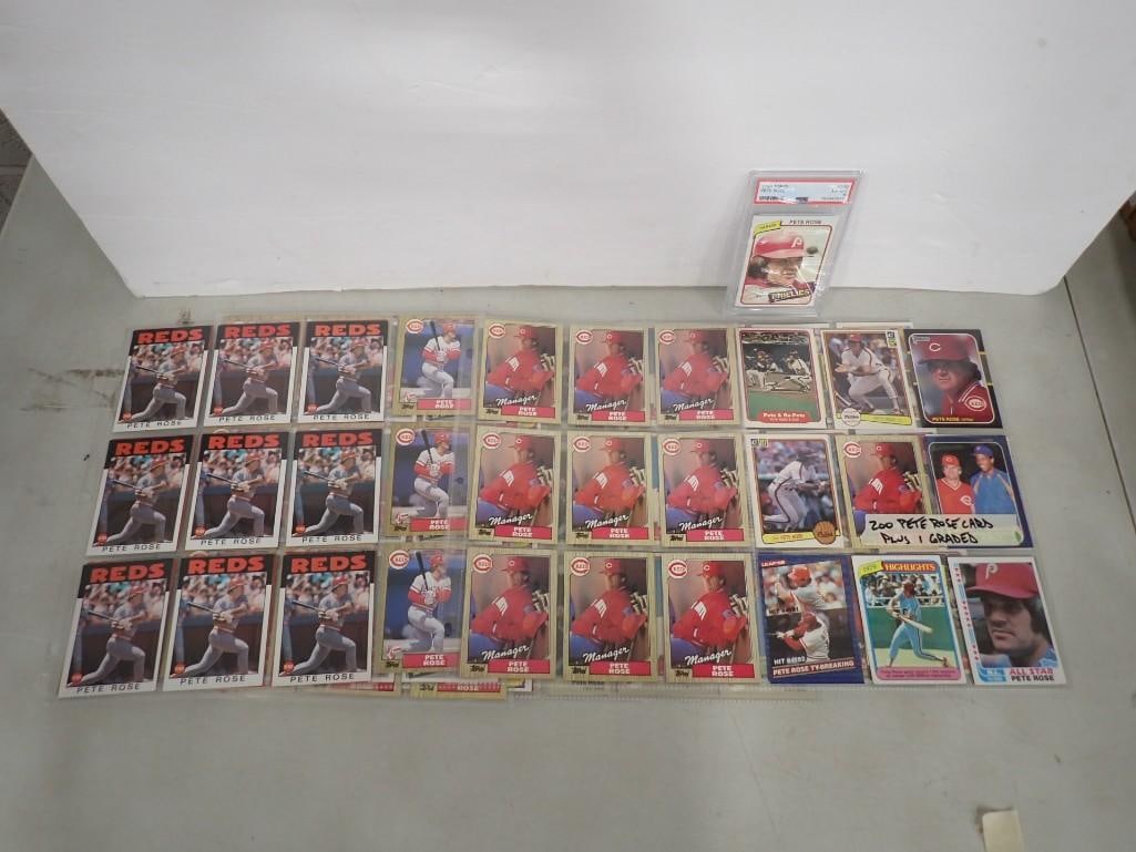 Pete Rose Baseball cards - roughly 200 plus a graded PSA 1980 card: Pete Rose Baseball cards - roughly 200 plus a graded PSA 1980 card All pictures are considered part of the description and should be examined carefully by bidders. Live Auctioneers is now offering Liv