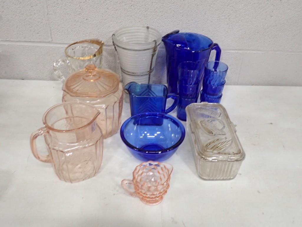 Glass Lot including Pink Depression Glass, Cobalt Blue, Gold Rim Pitcher, Glass Refrigerator Dish (1 of 5)