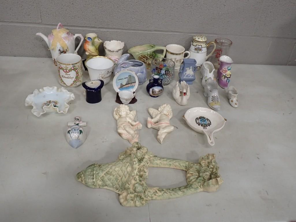 Lot of Ceramic / Porcelain Figurines, Shoes, Tea Cups, Wedgwood, Glass, etc.: Lot of Ceramic / Porcelain Figurines, Shoes, Tea Cups, Wedgwood, Glass, etc. All pictures are considered part of the description and should be examined carefully by bidders. Live Auctioneers is now of