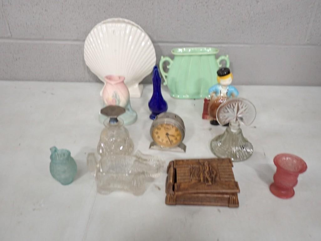Vintage Collectibles including Cobalt Glass Duck, Glass Dog, Alarm Clock, Figurine, Ceramic, etc (1 of 12)