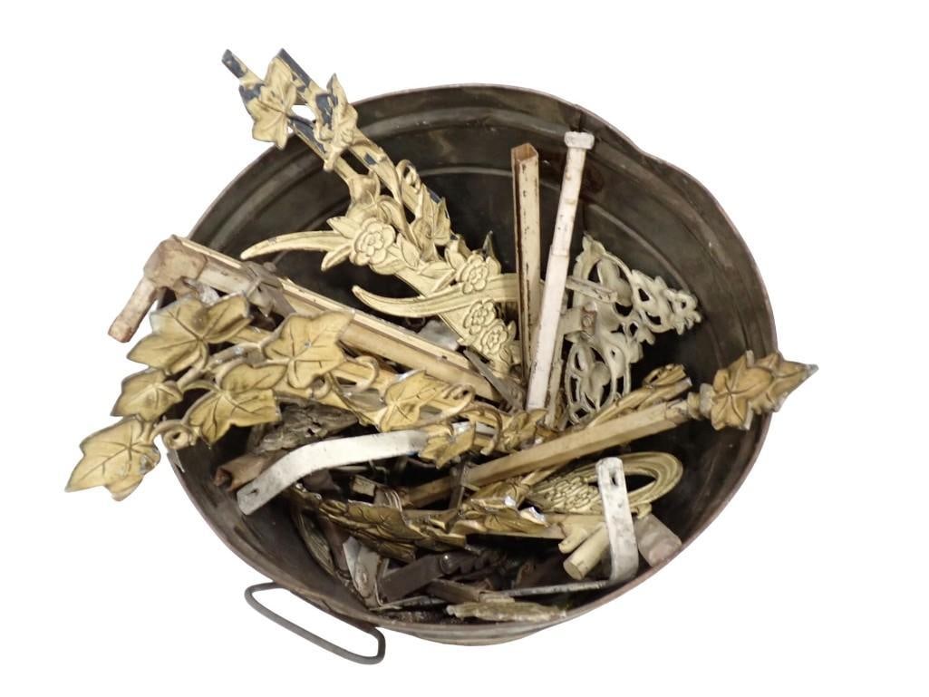 Vintage Architectural Hardware including Ornate Leaf and Flower Brass, etc. with a metal bucket: Vintage Architectural Hardware including Ornate Leaf and Flower Brass, etc. with a metal bucket All pictures are considered part of the description and should be examined carefully by bidders. Live Au