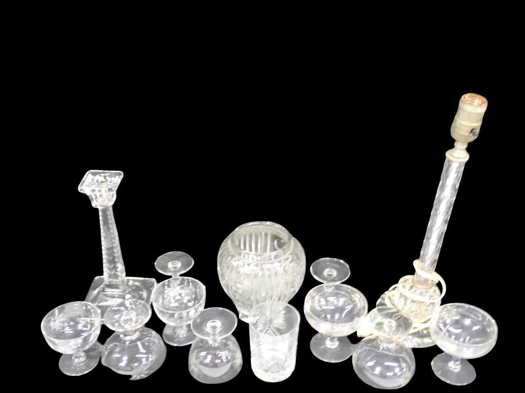 Lot of Vintage Glass including Cups, Candle Holder, Lamp, Vase, etc.: Lot of Vintage Glass including Cups, Candle Holder, Lamp, Vase, etc. All pictures are considered part of the description and should be examined carefully by bidders. Live Auctioneers is now offering L
