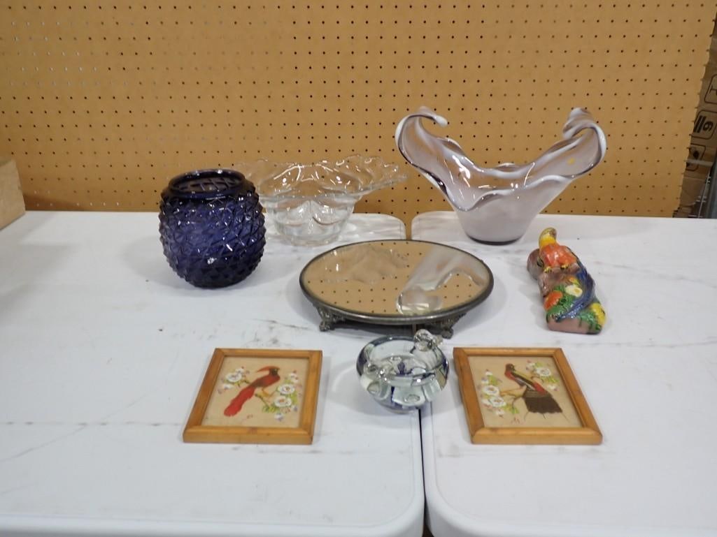 Glass and Decor Lot including Art Glass, Bird Wall Hangings, Mirror, etc: Glass and Decor Lot including Art Glass, Bird Wall Hangings, Mirror, etc All pictures are considered part of the description and should be examined carefully by bidders. Live Auctioneers is now offeri