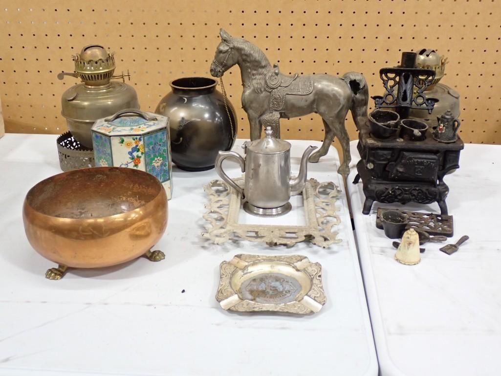 Vintage Collectibles, etc. Including Toy Cast Iron Stove, Metal horse, Oil Lamp, Copper and Brass (1 of 14)
