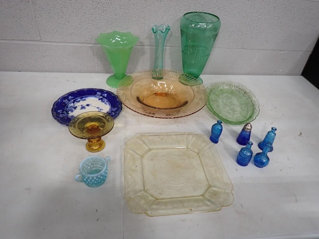 Vintage Lot, mostly Glass including Uranium Depression Glass, Hobnail, Cobalt Blue, Vases, Plates, e (1 of 10)