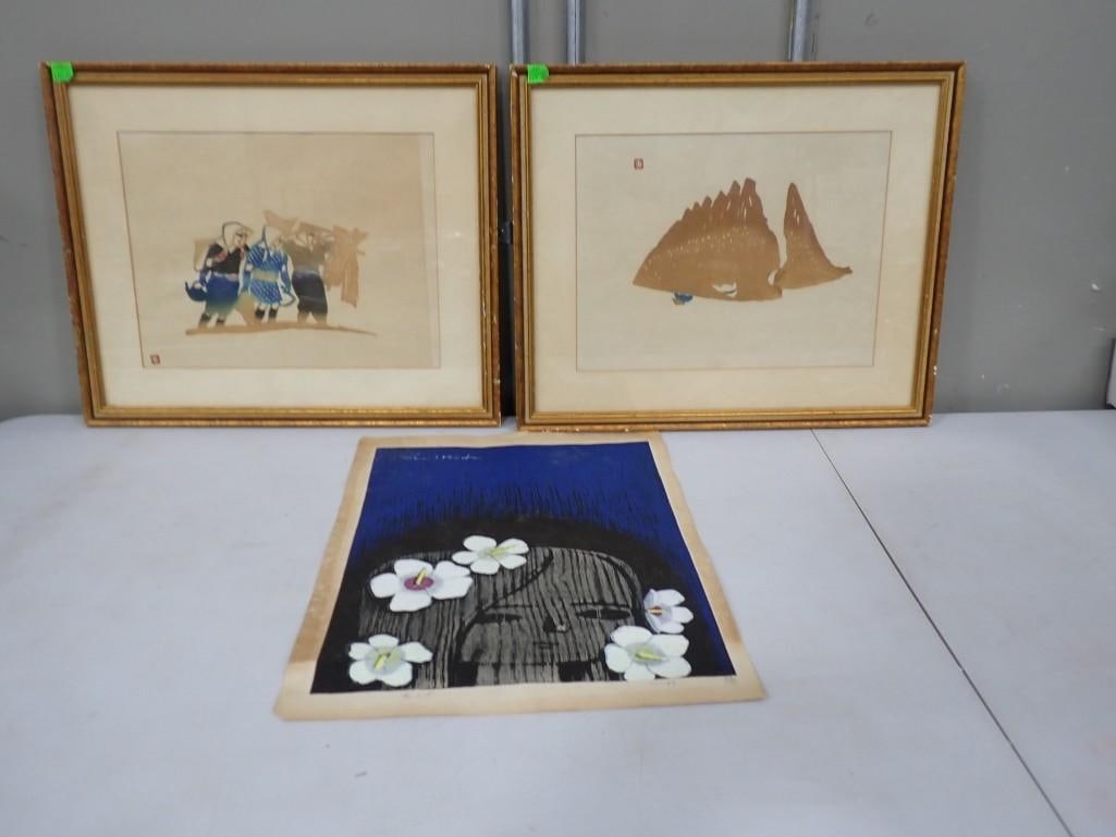 Framed Asian Art Watercolors and a Japanese Woodblock Print (1 of 10)