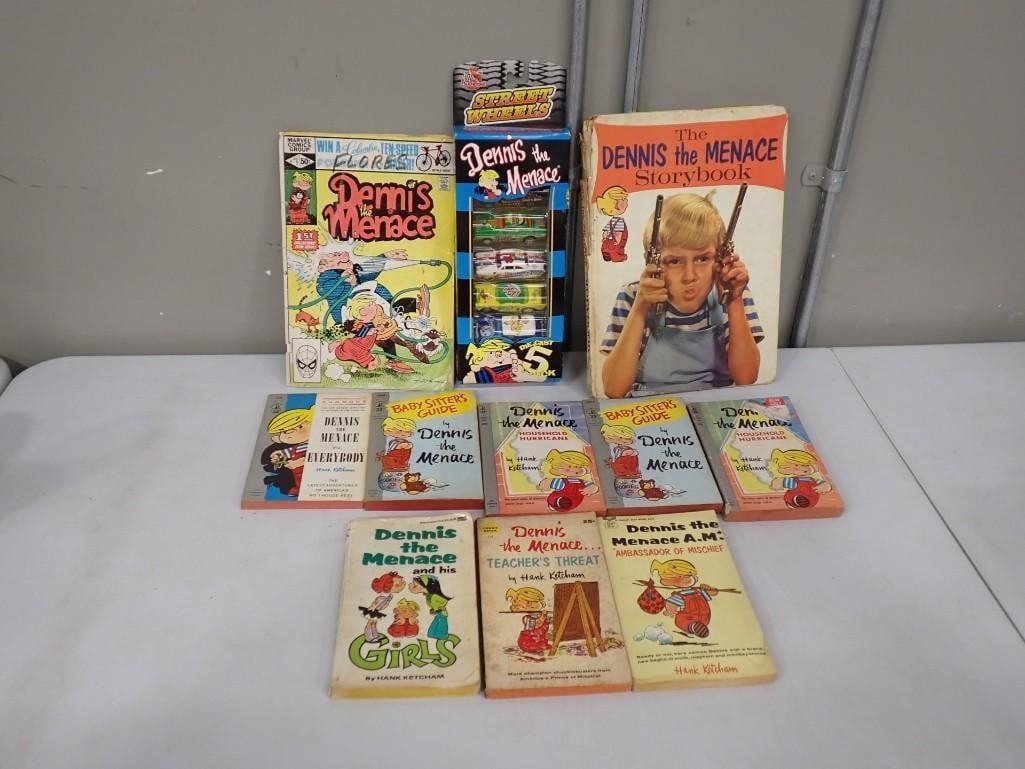 Vintage Dennis the Menace lot including Books, Die-Cast Cars, Comic Book, Storybook: Vintage Dennis the Menace lot including Books, Die-Cast Cars, Comic Book, Storybook All pictures are considered part of the description and should be examined carefully by bidders. Live Auctioneers is