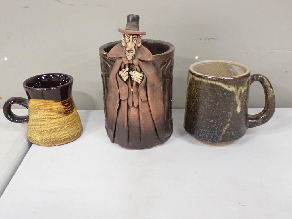 Folk Art Pottery Character Mug and two handmade stoneware pottery mugs (1 of 7)