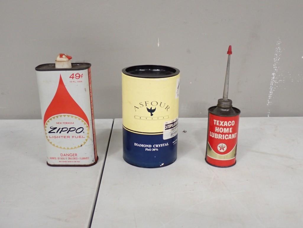 Vintage Zippo Lighter Fuel Can, Taxaco Oil Can and Asfour Diamond Crystal Container (1 of 4)