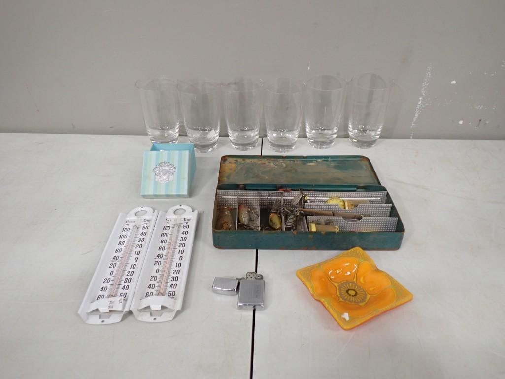 Misc Lot including Vintage Fishing Tackle Box with Lures, Thermometers, Ashtray, Lighter, Drinking (1 of 10)