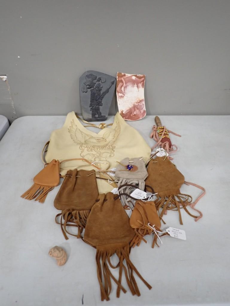 Lot of Native American Art, etc. Including Leather Medicine Bags, Mayan Art, White Raven Signed Bag: Lot of Native American Art, etc. Including Leather Medicine Bags, Mayan Art, White Raven Signed Bag, etc. All pictures are considered part of the description and should be examined carefully by bidder