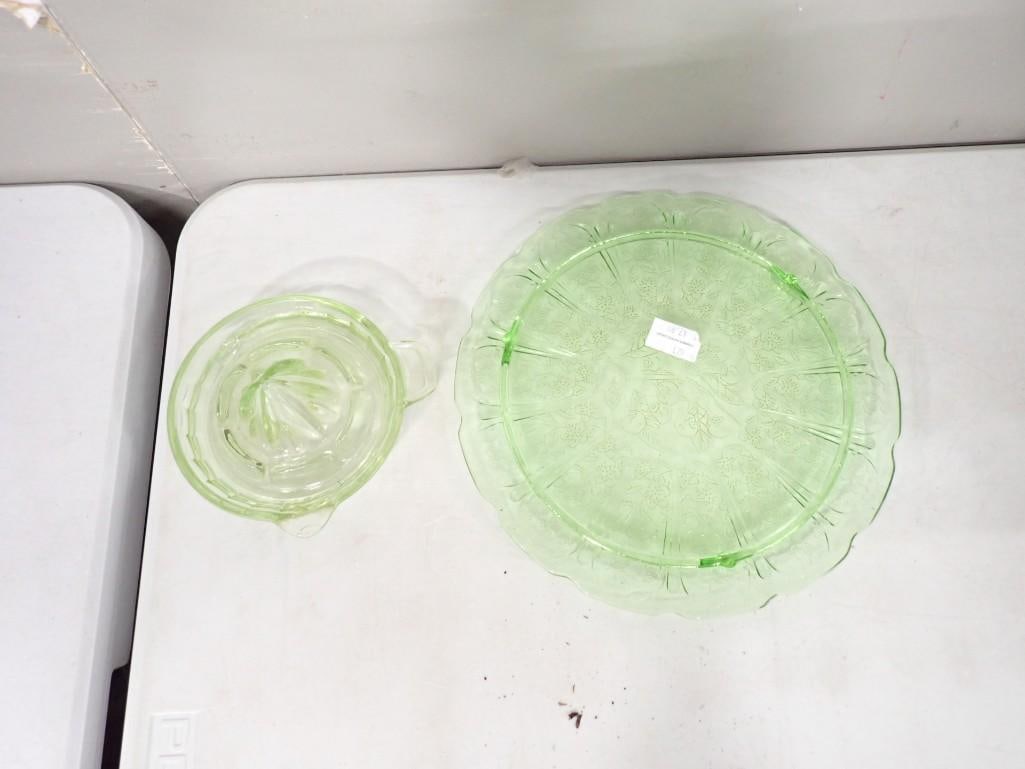 Green Uranium Glass Juicer and Etched Depression Glass Plate - they glow (1 of 6)