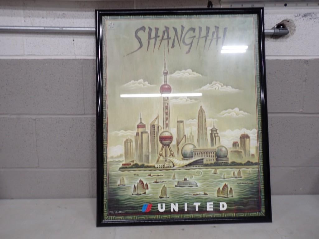 Vintage United Airlines Shanghai Poster Print - Measures roughly 23x29": Vintage United Airlines Shanghai Poster Print - Measures roughly 23x29" All pictures are considered part of the description and should be examined carefully by bidders. Live Auctioneers is now off