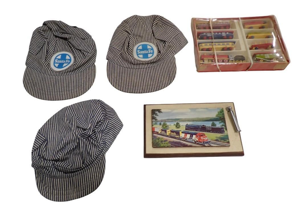Railroad and Train Collectibles incl 2 Santa Fe Conductor's Hats, a Vintage 8-piece Wooden Toy tra (1 of 6)