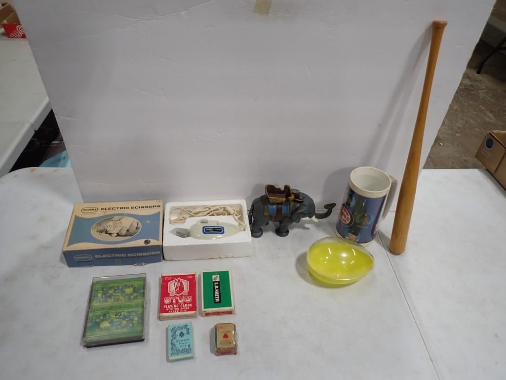Collectibles, Etc incl Cast Iron Mechanical Elephant Bank, Playing Cards, Chicago Cubs Mug, etc (1 of 13)