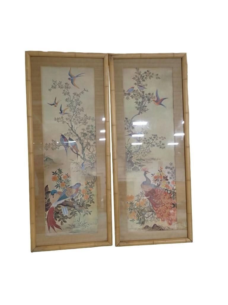 Vintage Asian Chinoiserie framed wall art prints with Exotic Bird and Peacock Design: Vintage Asian Chinoiserie framed wall art prints with Exotic Bird and Peacock Design - each measure roughly 37x15" All pictures are considered part of the description and should be examined carefu