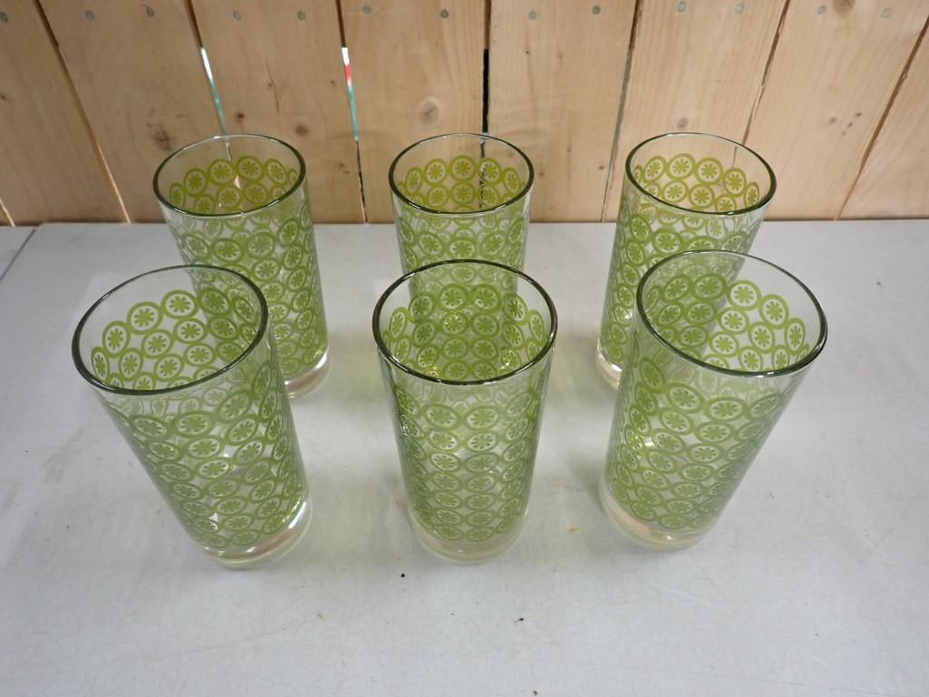 Set of 6 MCM Green Atomic Asterisk Highball Glasses: Set of 6 Mid Century Modern Green Atomic Asterisk Highball Glasses All pictures are considered part of the description and should be examined carefully by bidders. Live Auctioneers is now offering