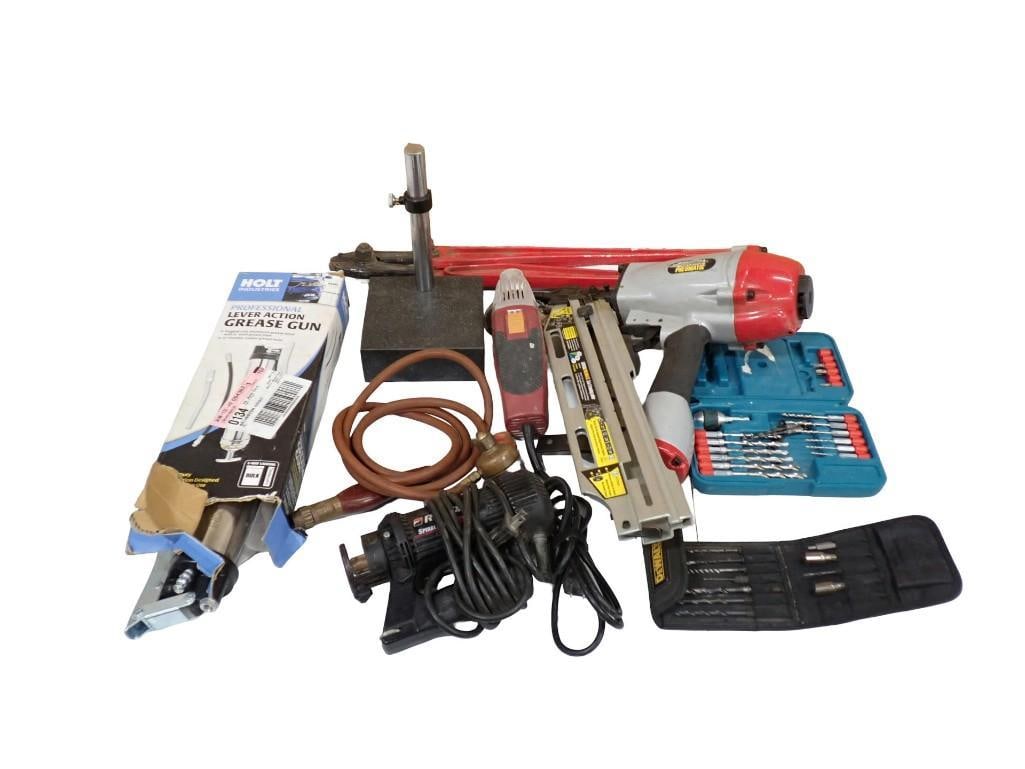 Tools, etc. Including Grease Gun, Drill Bits, Spiral Saw, Central Pneumatic, Makita, etc. (1 of 8)