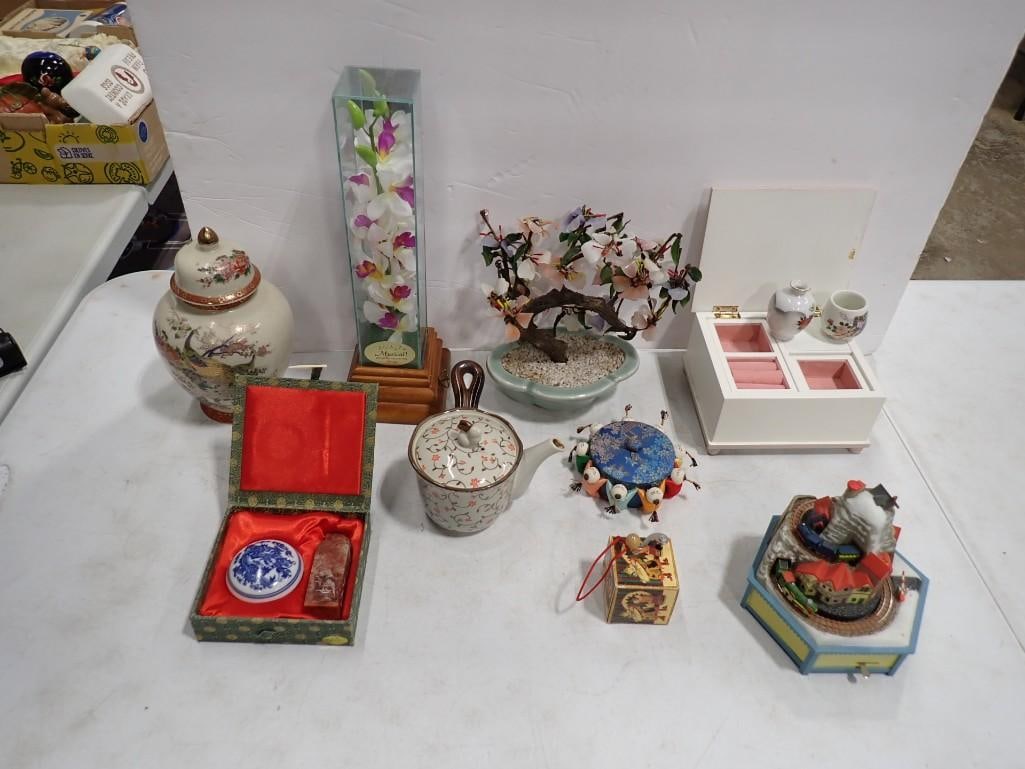 Asian Collectibles - Ginger Jar, Glass Bonsai Tree, Pin Cushion, Porcelain etc.: Asian Collectibles - Ginger Jar, Glass Bonsai Tree, Pin Cushion, Porcelain etc. All pictures are considered part of the description and should be examined carefully by bidders. Live Auctioneers is now