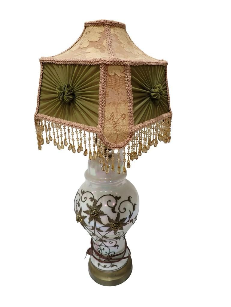 Victorian Style Table Lamp with Iridescent Base, Fringe Shade (1 of 10)