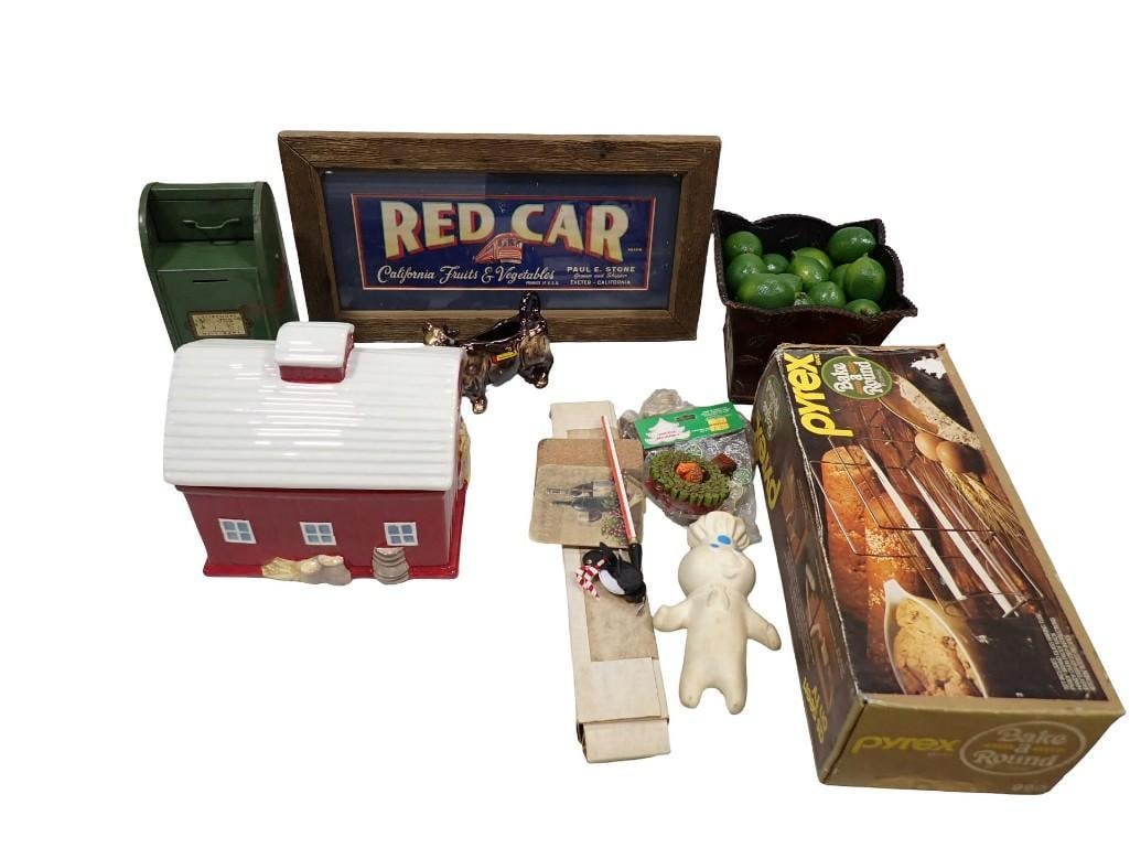 Vintage Lot including Pyrex Bake a Round with Box, Red Car Fruits Framed Sign, Mailbox Bank, Pilsbur (1 of 12)