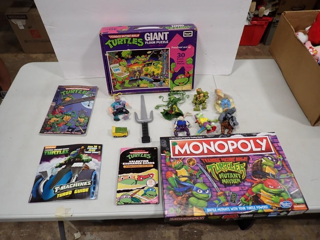 Teenage Mutant Ninja Turtles Lot including Floor Puzzle, Comic Book, Action Figures, Monopoly, Cards: Teenage Mutant Ninja Turtles Lot including Floor Puzzle, Comic Book, Action Figures, Monopoly, Cards, etc. All pictures are considered part of the description and should be examined carefully by
