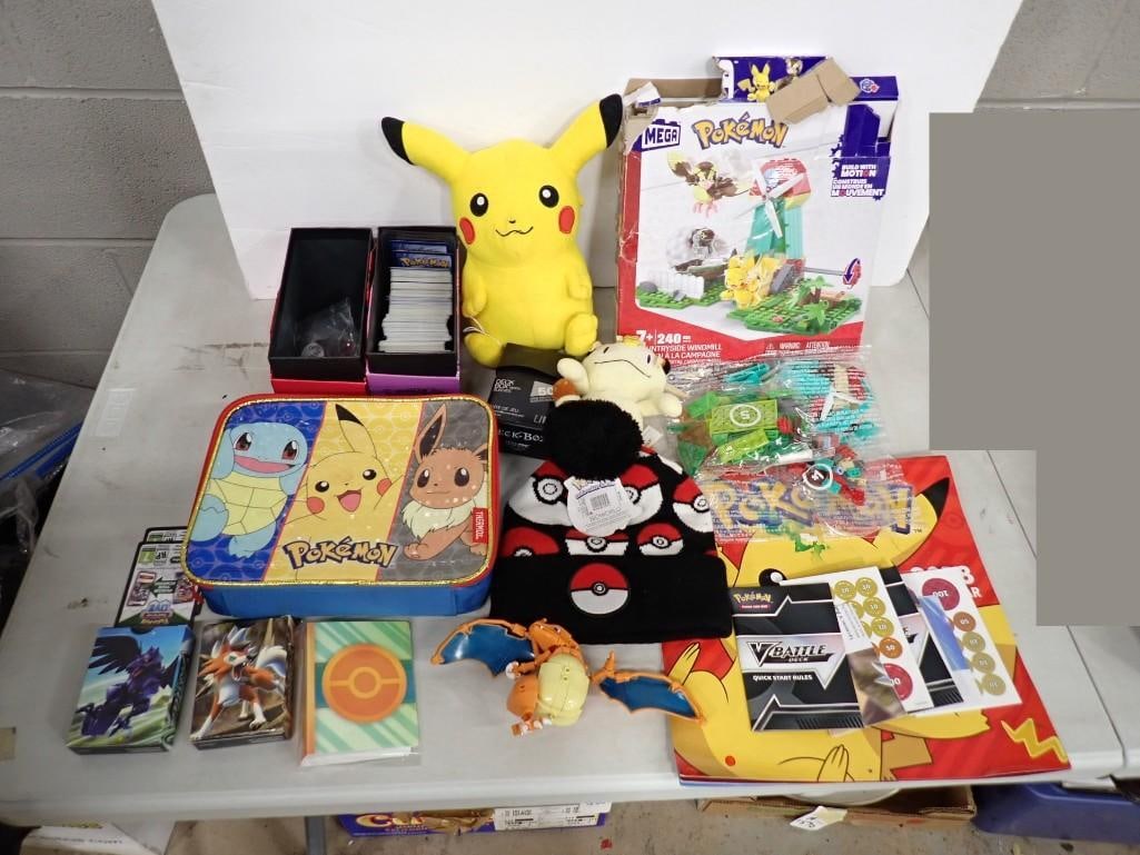 Pokemon Lot including Trading Cards, Pikachu Plush, Accessories, V Battle, Thermos Bag, etc: Pokemon Lot including Trading Cards, Pikachu Plush, Accessories, V Battle, Thermos Bag, etc All pictures are considered part of the description and should be examined carefully by bidders. Live