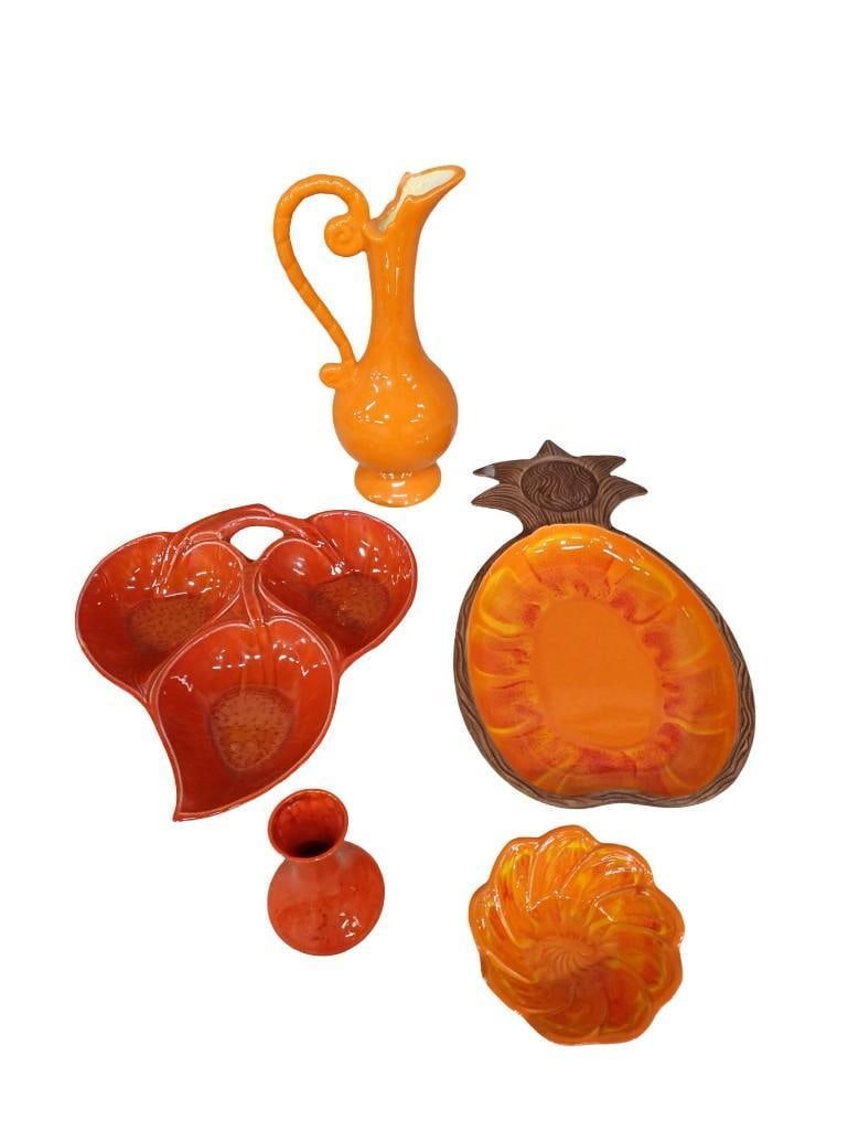 Vintage MCM California Pottery Lot including Pineapple with Dip Dish, Orange Pitcher, Small Vase, (1 of 15)