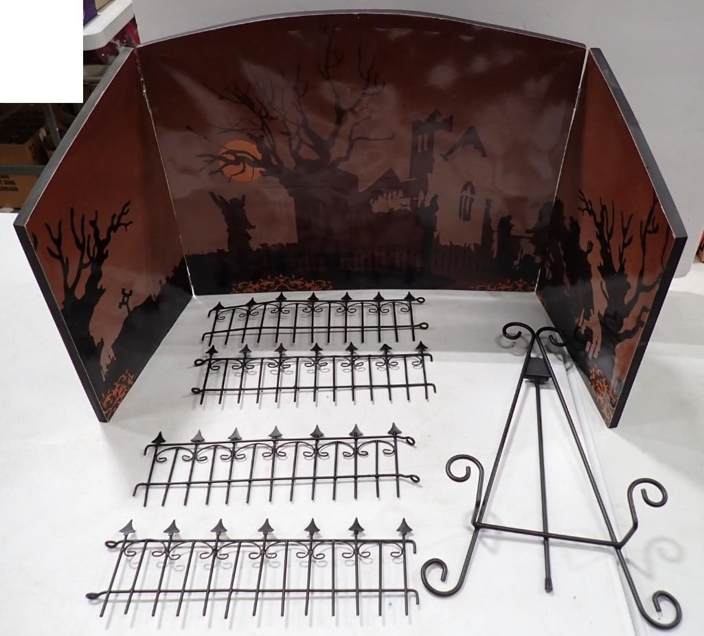 Halloween Diorama Backdrop and Easel Stand with Fencing: Halloween Diorama Backdrop and Easel Stand with Fencing All pictures are considered part of the description and should be examined carefully by bidders. Live Auctioneers is now offering Live Shipping 
