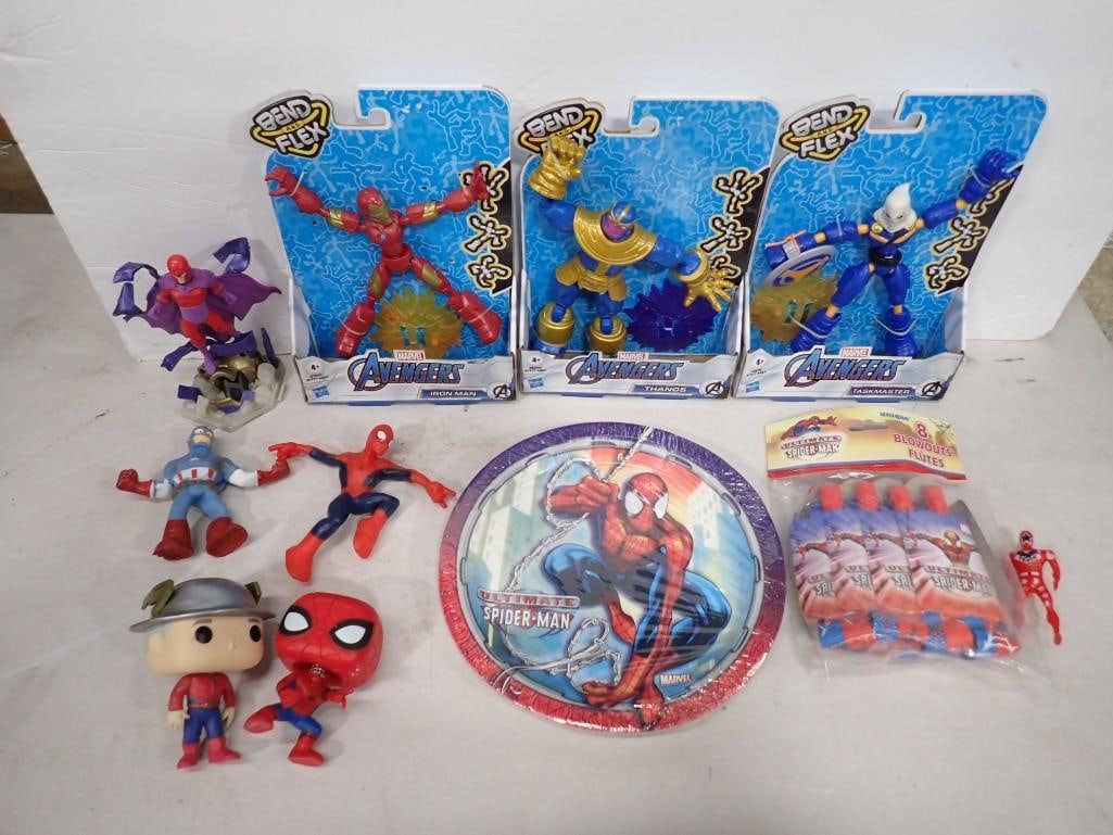 Toy Lot including Marvel Avengers Bend and Flex, Spider-man, Funko Pop!, etc.: Toy Lot including Marvel Avengers Bend and Flex, Spider-man, Funko Pop!, etc. All pictures are considered part of the description and should be examined carefully by bidders. Live Auctioneers is now o