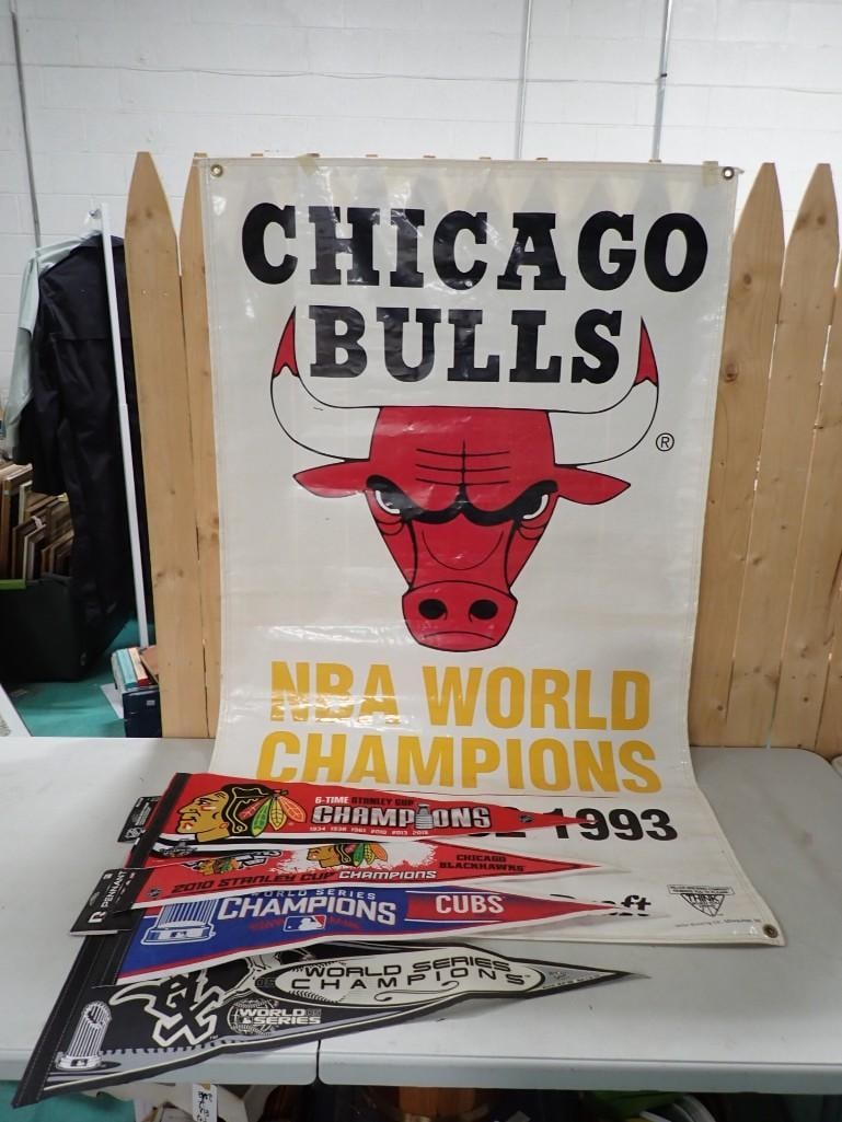 Chicago Bulls Championship Banner, White Sox World Series Pennant, Cubs, Blackhawks Pennants,: Chicago Bulls Championship Banner, White Sox World Series Pennant, Cubs, Blackhawks Pennants, All pictures are considered part of the description and should be examined carefully by bidders. Live Auct