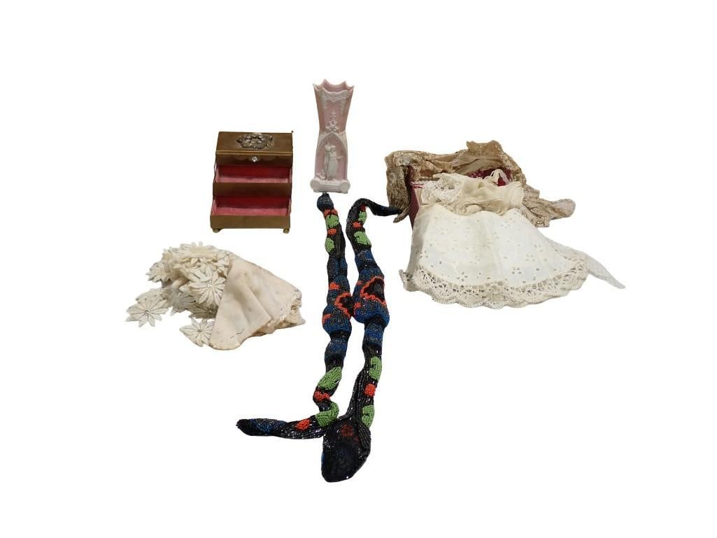 Vintage Collectibles including Trinket Box, Pink Wedgwood Style Vase, Beaded Snake Necklace, Linen, (1 of 9)
