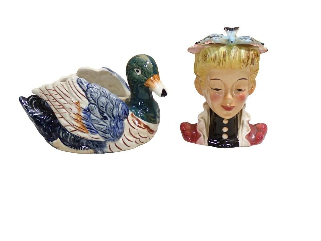 Vintage Occupied Japan Porcelain Mallard Duck Planter, Lefton Lady Head Vase: Vintage Occupied Japan Porcelain Mallard Duck Planter, Lefton Lady Head Vase All pictures are considered part of the description and should be examined carefully by bidders. Live Auctioneers is now of
