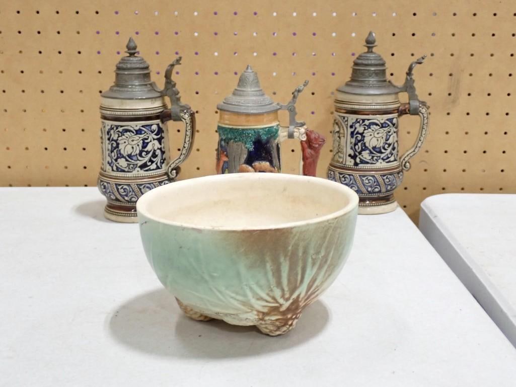 Vintage Lot including McCoy Pinecone Bowl and three Beer Steins: Vintage Lot including McCoy Pinecone Bowl and three Beer Steins All pictures are considered part of the description and should be examined carefully by bidders. Live Auctioneers is now offering Live S