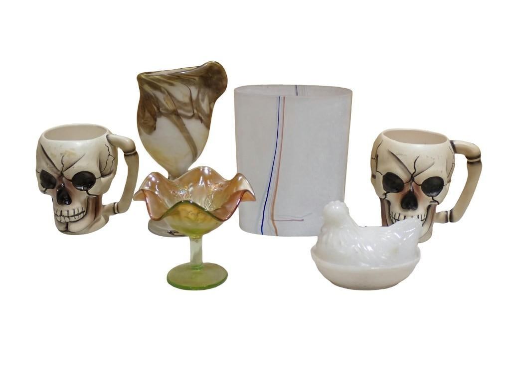 Halloween Skull Coffee Mugs, Milk Glass Chicken, Kosta Boda Glass Vase, etc: Halloween Skull Coffee Mugs, Milk Glass Chicken, Kosta Boda Glass Vase, etc All pictures are considered part of the description and should be examined carefully by bidders. Live Auctioneers is now off