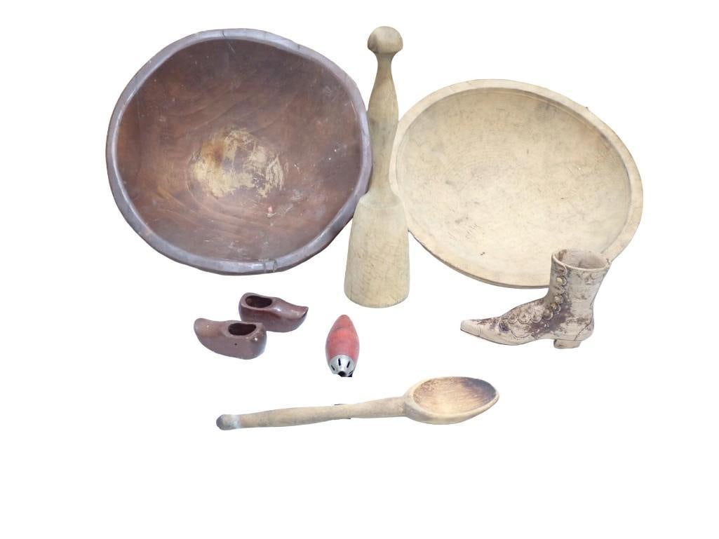 Vintage Lot including Wooden Masher, Dough Bowls including Munising, Wooden Spoon, etc. (1 of 6)