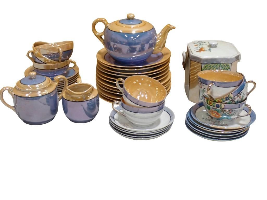 Lot of Vintage Iridescent Blue and Peach Orange Color Japanese Lusterware (1 of 8)