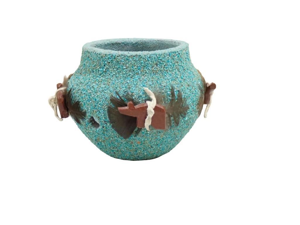 Zuni Fetish Crushed Turquoise Pottery Bowl: Zuni Fetish Crushed Turquoise Pottery Bowl All pictures are considered part of the description and should be examined carefully by bidders. Live Auctioneers is now offering Live Shipping through them.