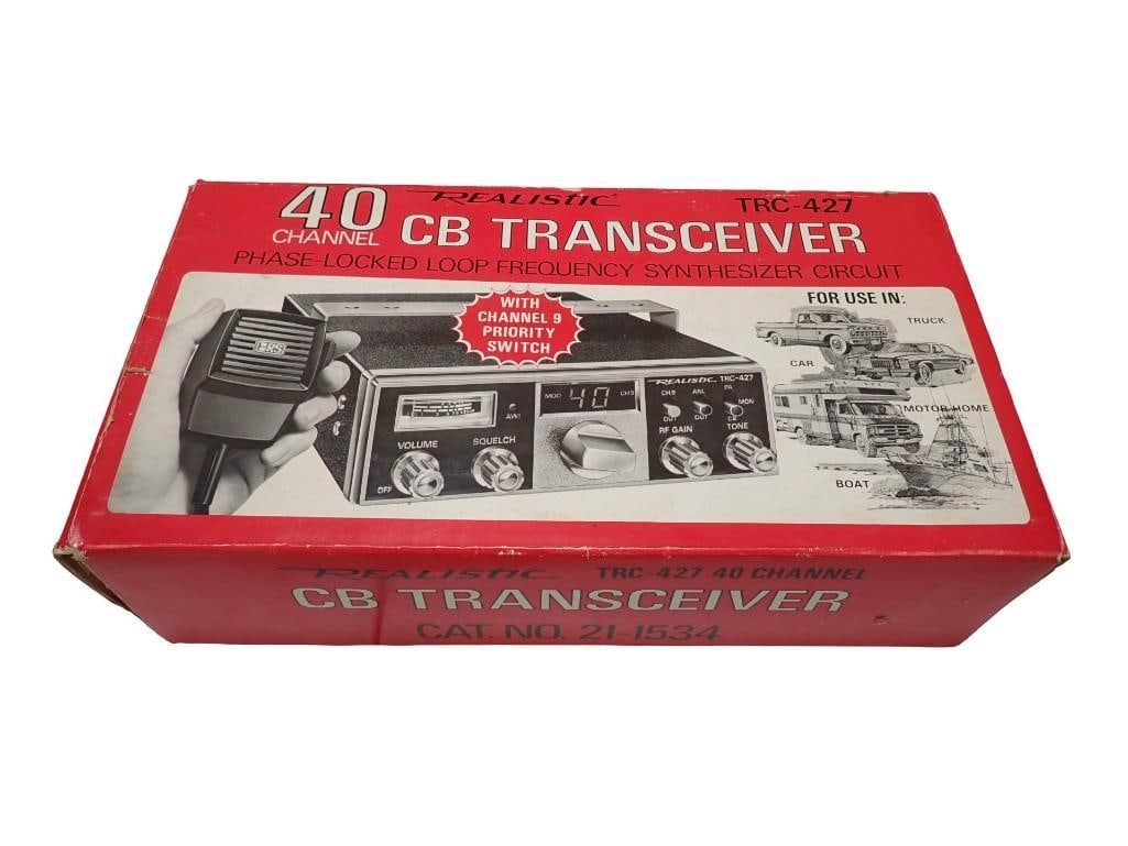 40 Channel Realistic CB Transceiver TRC 427 in Original Box: Vintage 40 Channel Realistic CB Transceiver TRC 427 in Original Box Condition: untested All pictures are considered part of the description and should be examined carefully by bidders
