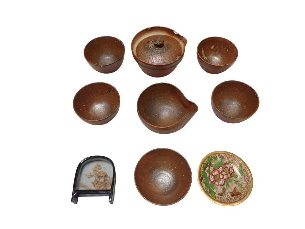Small Japanese Tea Set, Small Cloisonne Plate, Small Carved Item: Small Japanese Tea Set, Small Cloisonne Plate, Small Carved Item All pictures are considered part of the description and should be examined carefully by bidders. Live Auctioneers is now offering Live